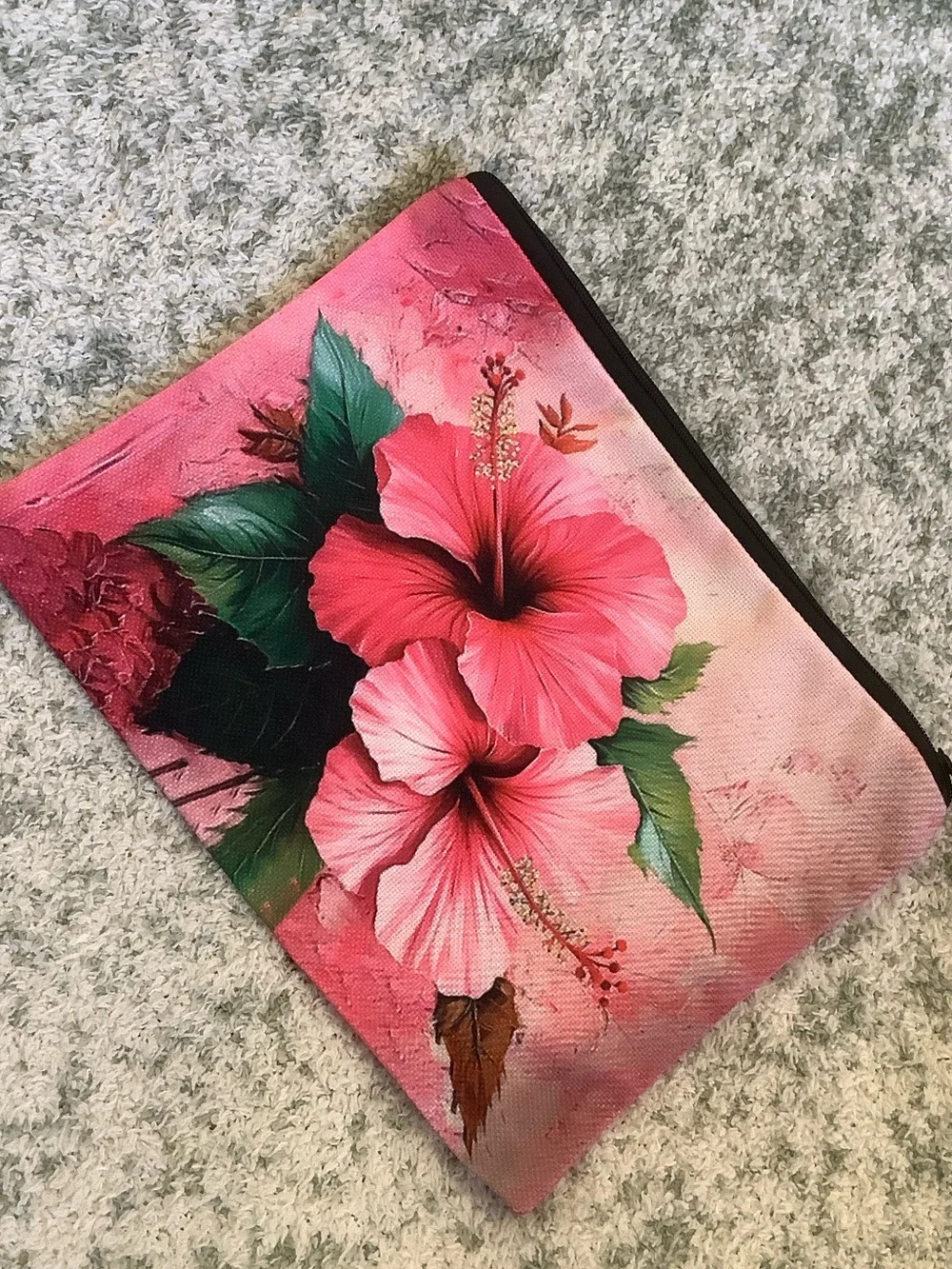 Hot Pink Tropical Floral Cosmetic Bag Canvas Pouch with Hibiscus Print NWT 10x7.
